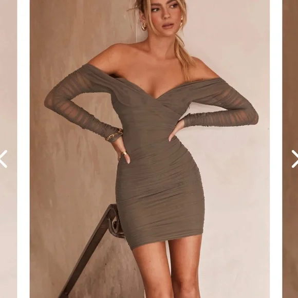 NWT Selfie Leslie Olive Moonrise Off The Shoulder Long Sleeve Rouched Mini Dress - Picture 2 of 7